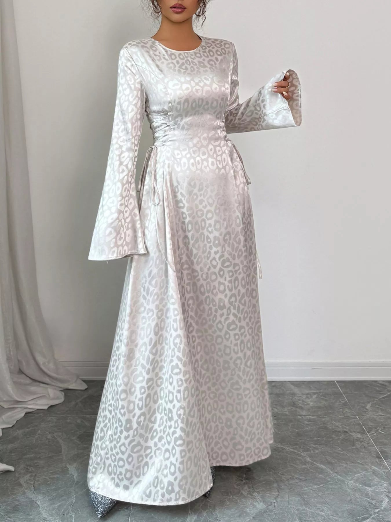 Leopard Lace Up Long Sleeve Maxi Dress OutfitFlow