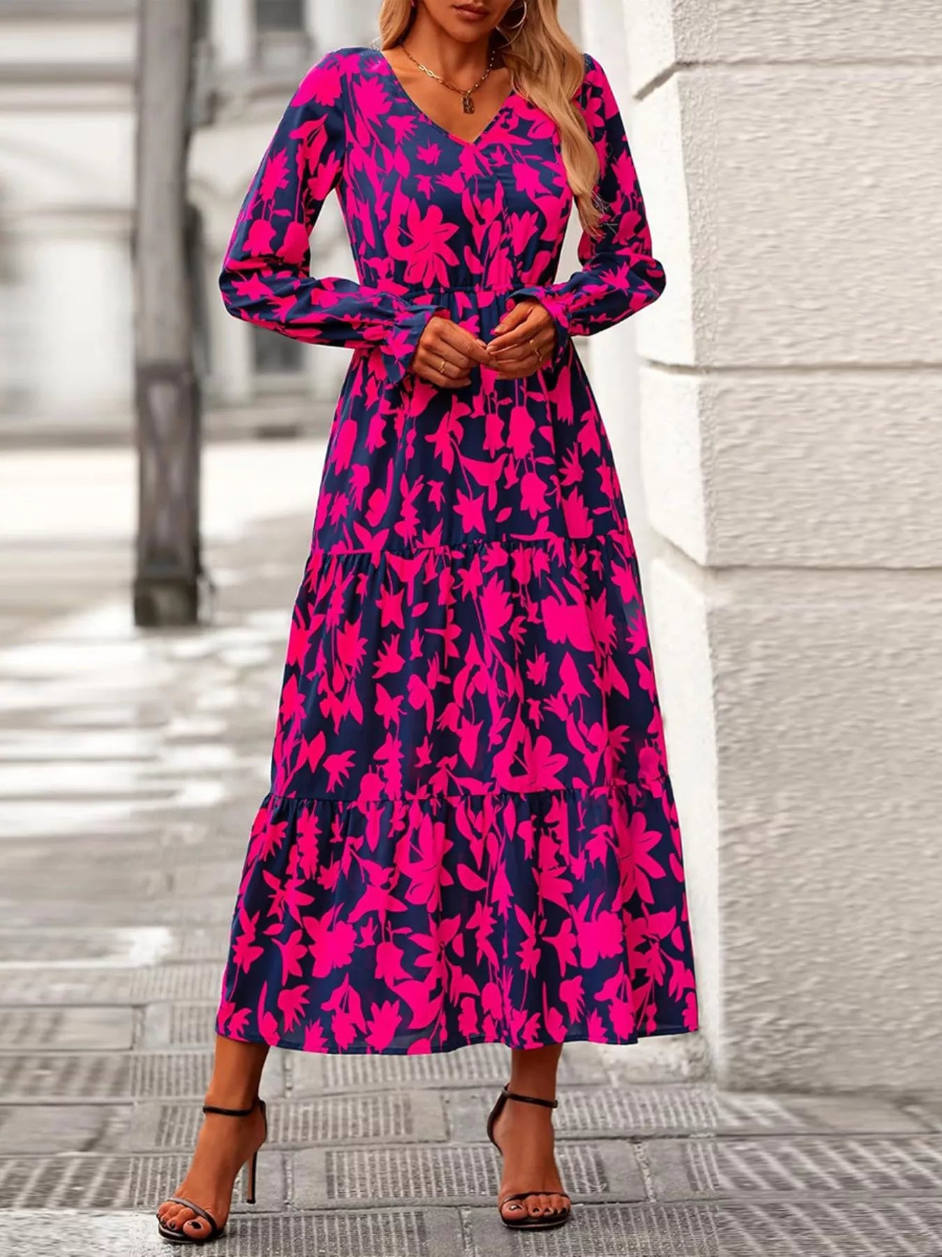Printed V-Neck Flounce Sleeve Tiered Midi Dress OutfitFlow