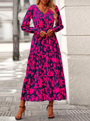 Printed V-Neck Flounce Sleeve Tiered Midi Dress OutfitFlow