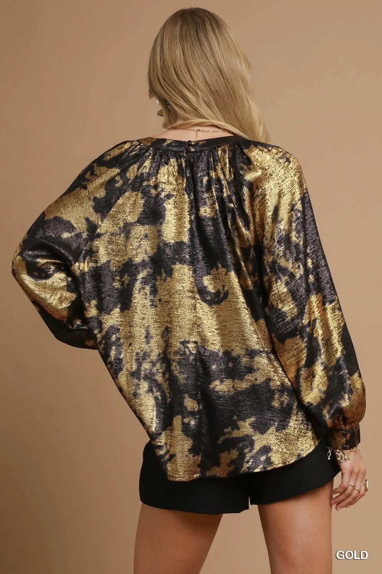 Umgee Metallic Fabric Blouse with Balloon Sleeves OutfitFlow