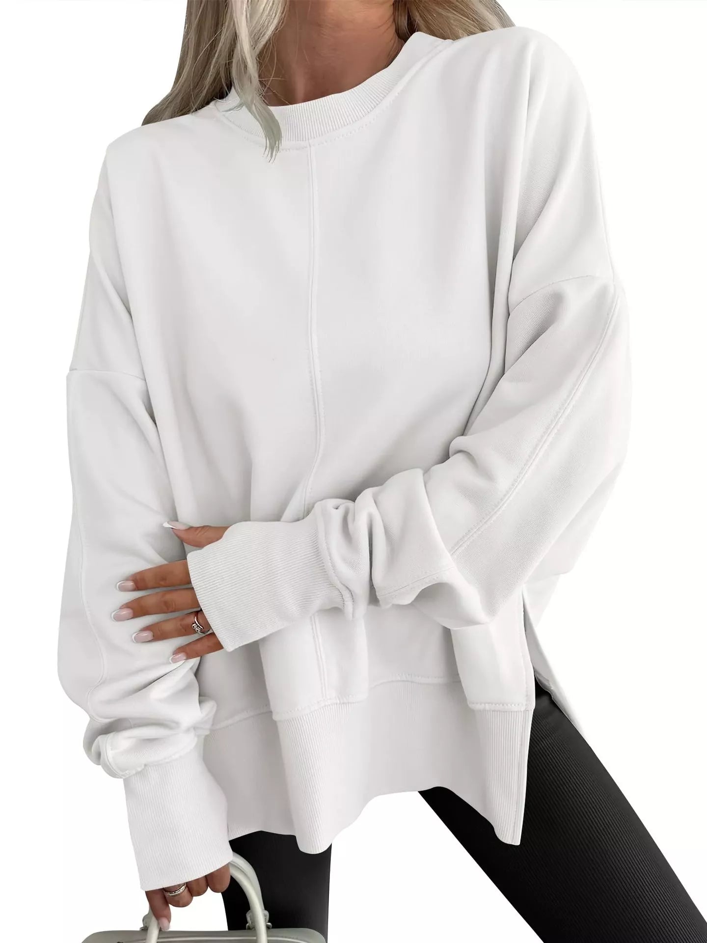 Side Slit Round Neck Long Sleeve Sweatshirt White OutfitFlow