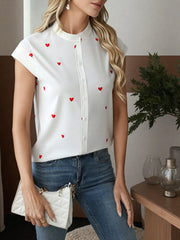 Heart Print Cap Sleeve Button-Up Shirt OutfitFlow