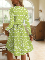 Wave Print Long Sleeve Tie Waist Dress OutfitFlow