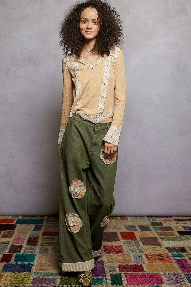 POL Floral Patch V-Neck Long Sleeve Ribbed Top OutfitFlow