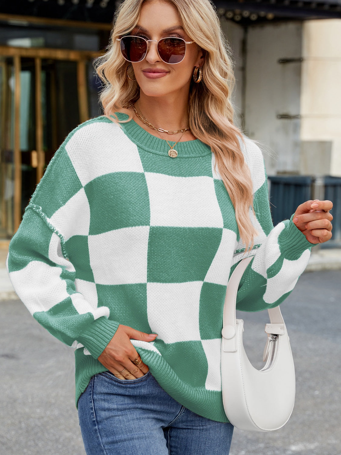 Outfit Flow - Checkered Round Neck Long Sleeve Sweater