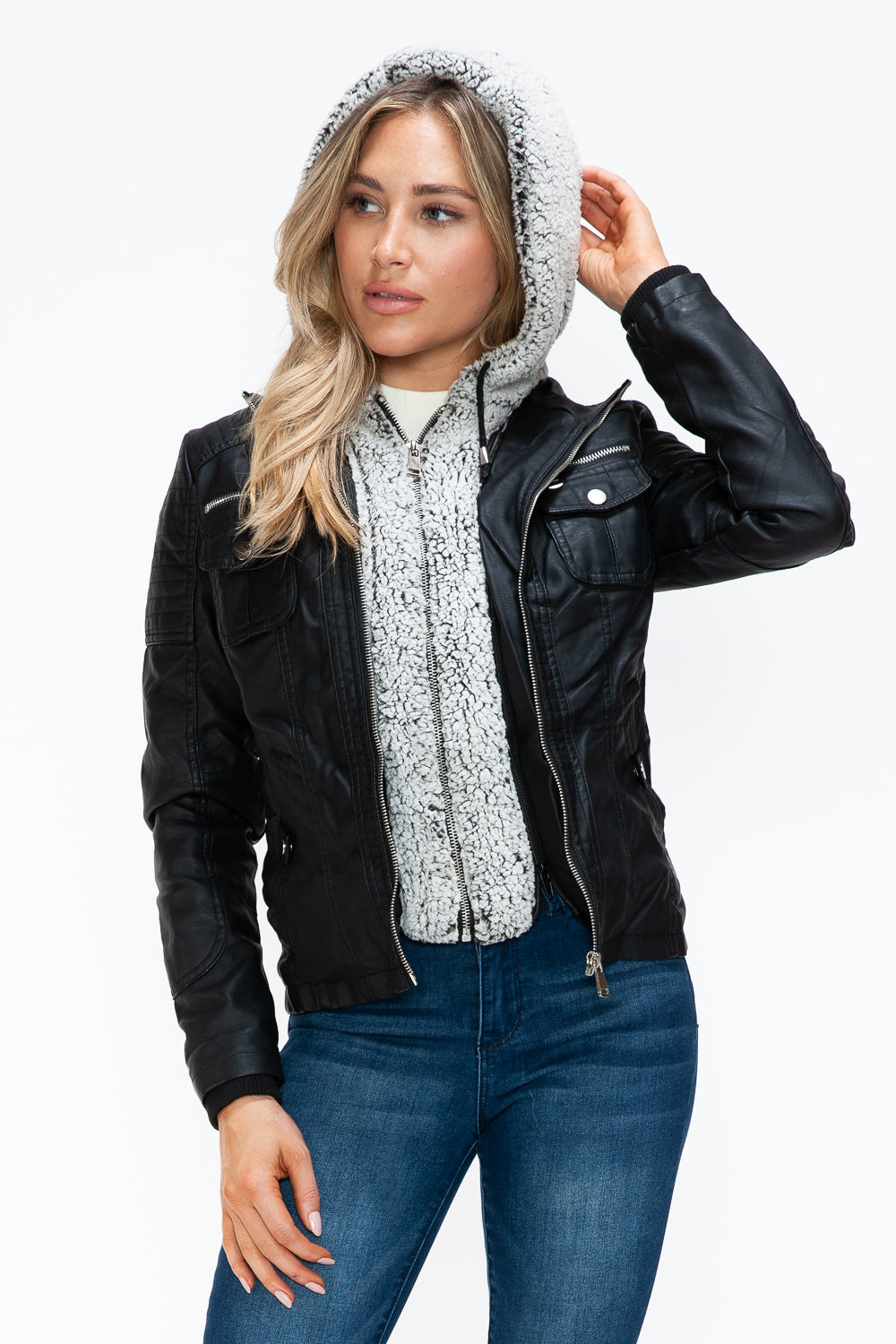 Outfit Flow - YMI Removable Faux Layered Multi-Pocket Jacket with Fuzzy Hood