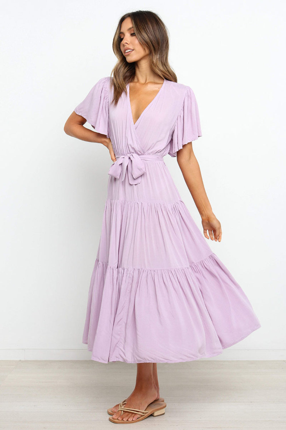 Tied Back Tiered Short Sleeve Midi Dress OutfitFlow