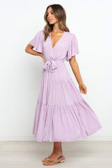 Tied Back Tiered Short Sleeve Midi Dress OutfitFlow