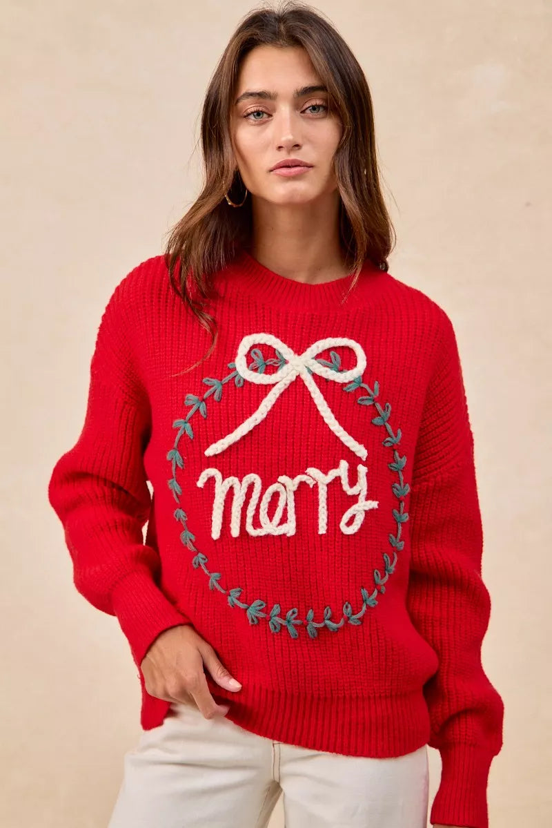 BiBi Christmas Wreath Merry Letter Knit Top RED OutfitFlow