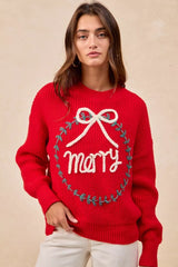 BiBi Christmas Wreath Merry Letter Knit Top RED OutfitFlow
