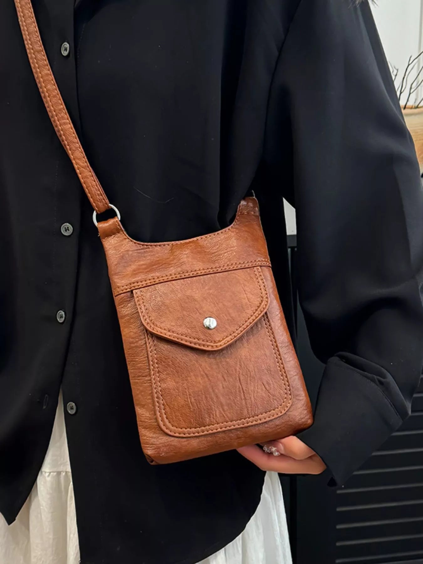 Adjustable Strap Leather Crossbody Bag OutfitFlow