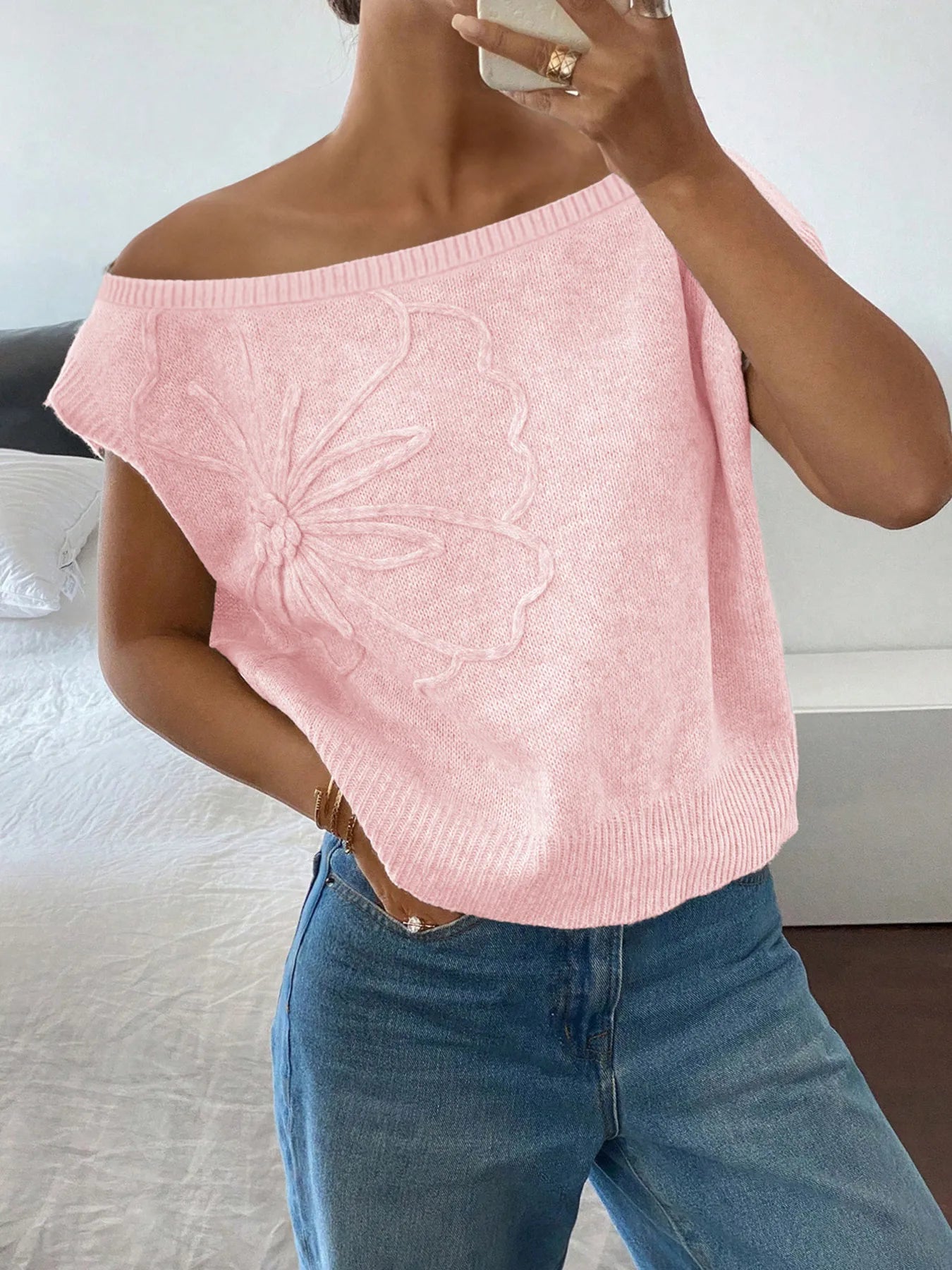Ribbed Hem Boat Neck Sweater Light Pink OutfitFlow