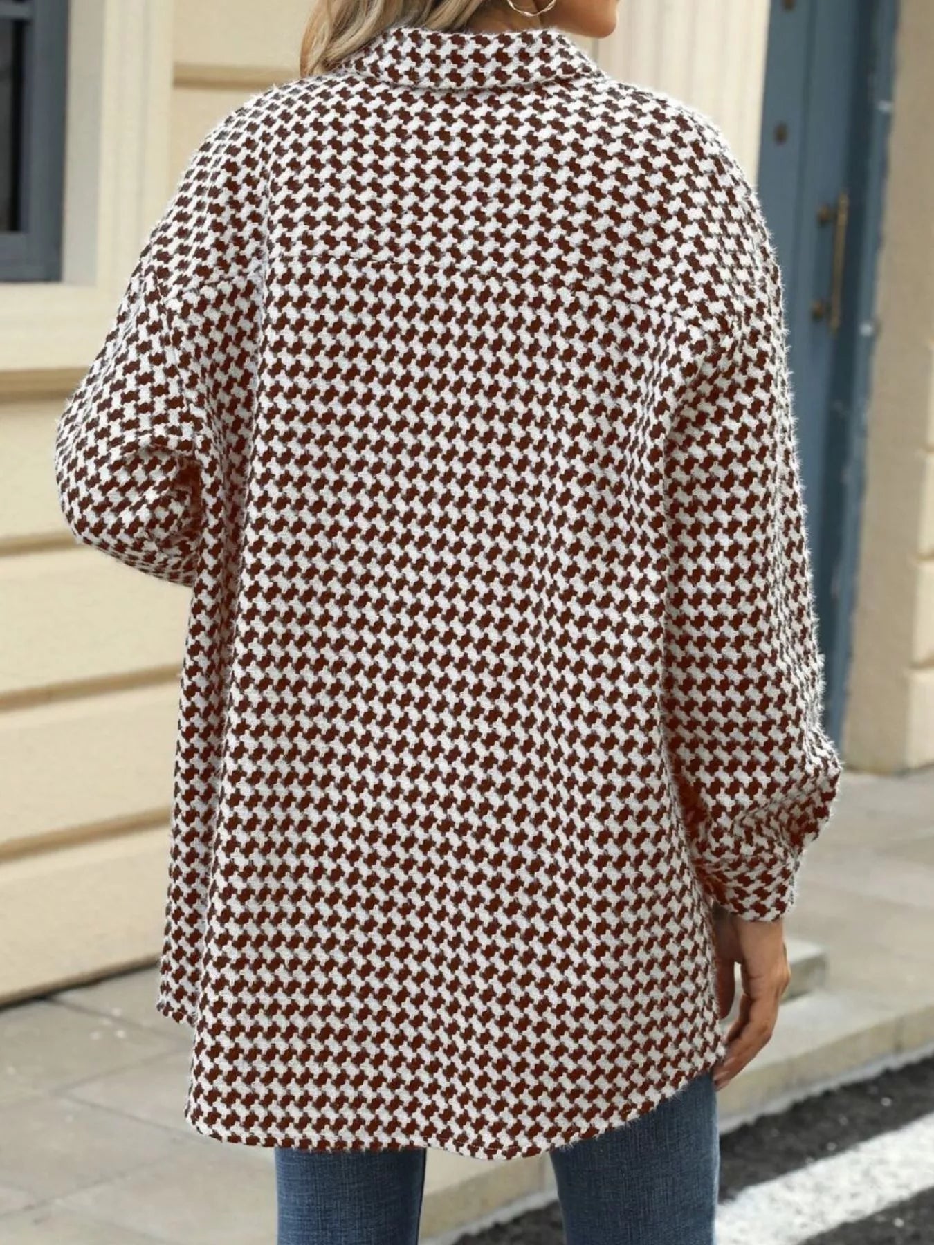 Houndstooth Button Up Long Sleeve Coat Trendsi