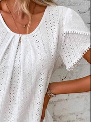Eyelet Petal Sleeve Top with Pom Pom Trim OutfitFlow