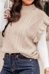 Cable-Knit Ruffled Mock Neck Sweater Vest