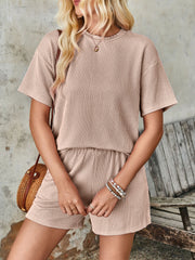 Outfit Flow - Lovelet Textured Round Neck Short Sleeve Top and Shorts Set