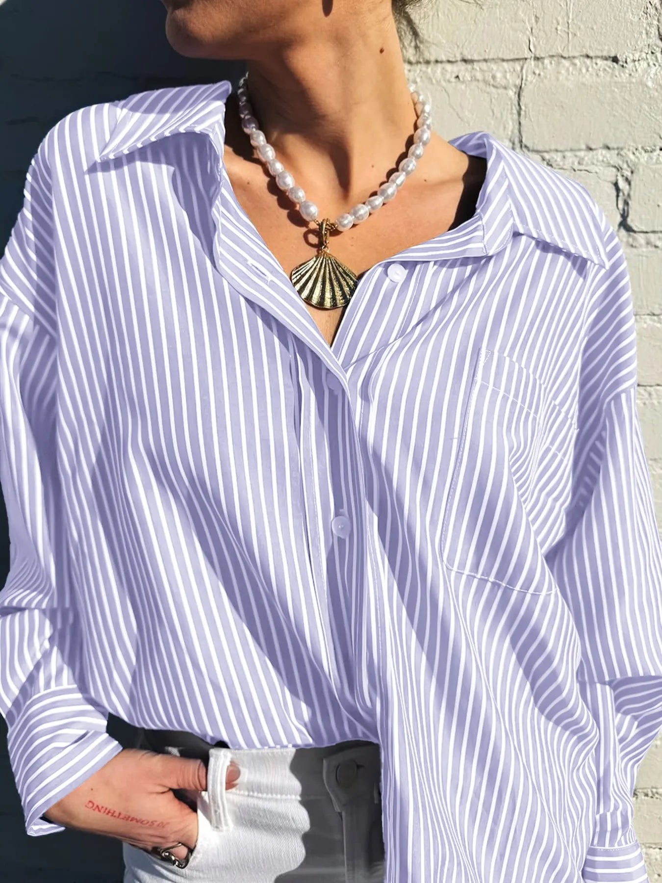 Oversized Striped Button-Down Shirt Pink Purple OutfitFlow