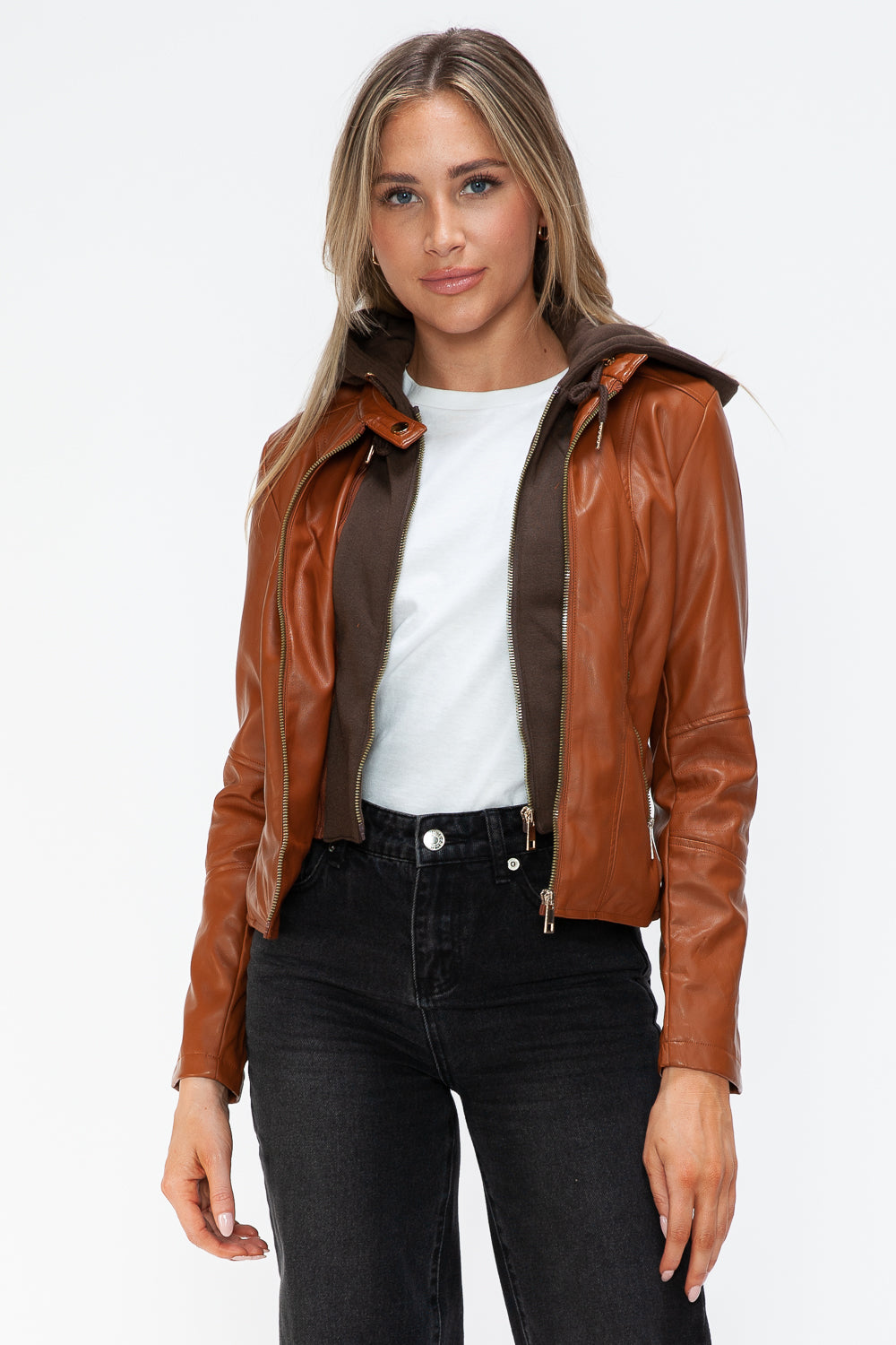 Outfit Flow - Snobbish Faux Leather Zip Up Drawstring Hooded Jacket