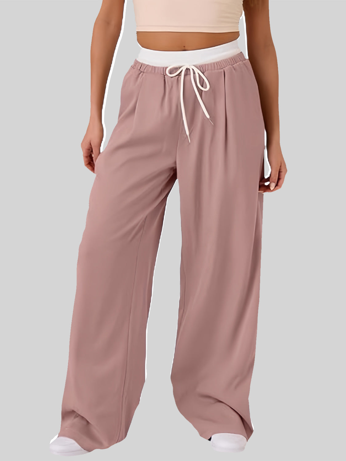 Outfit Flow - Contrast Waistband Drawstring Wide Leg Pants