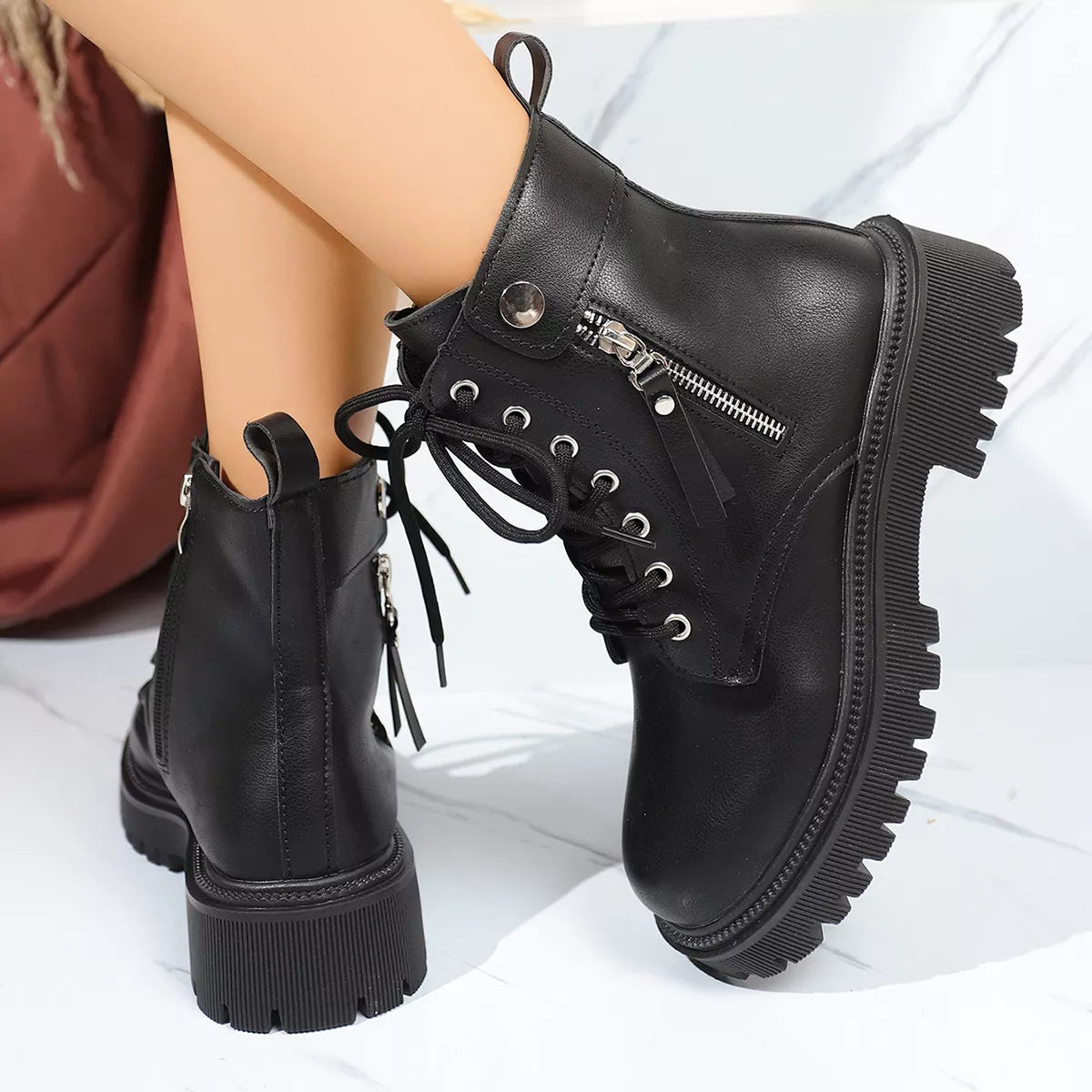 Round Toe Block Heels Boots OutfitFlow