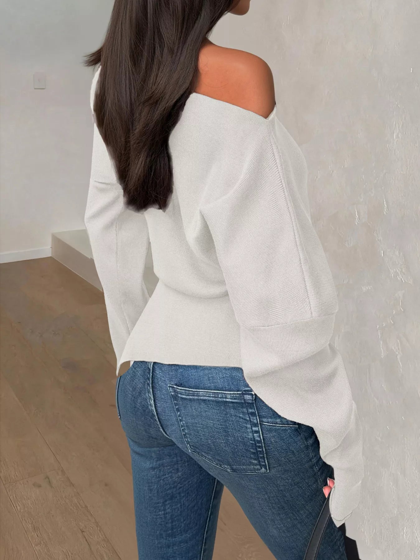 Off-Shoulder Ruched Long Sleeve Sweaer OutfitFlow