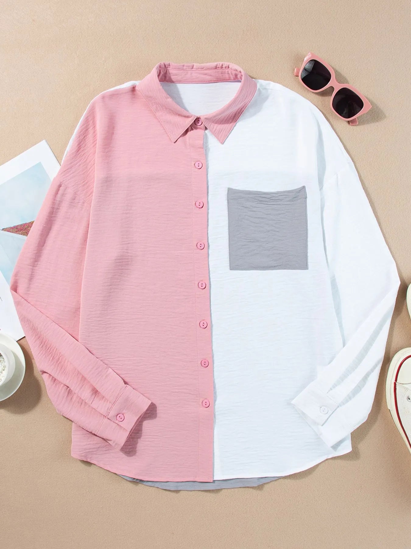 Color Block Oversized Button-Up Shirt with Chest Pocket OutfitFlow
