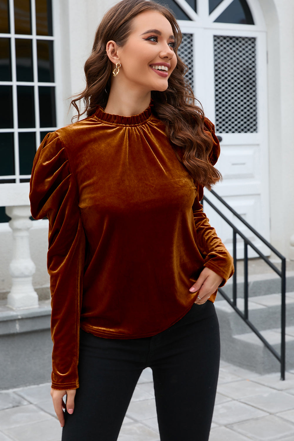 Frill Mock Neck Puff Sleeve Blouse OutfitFlow