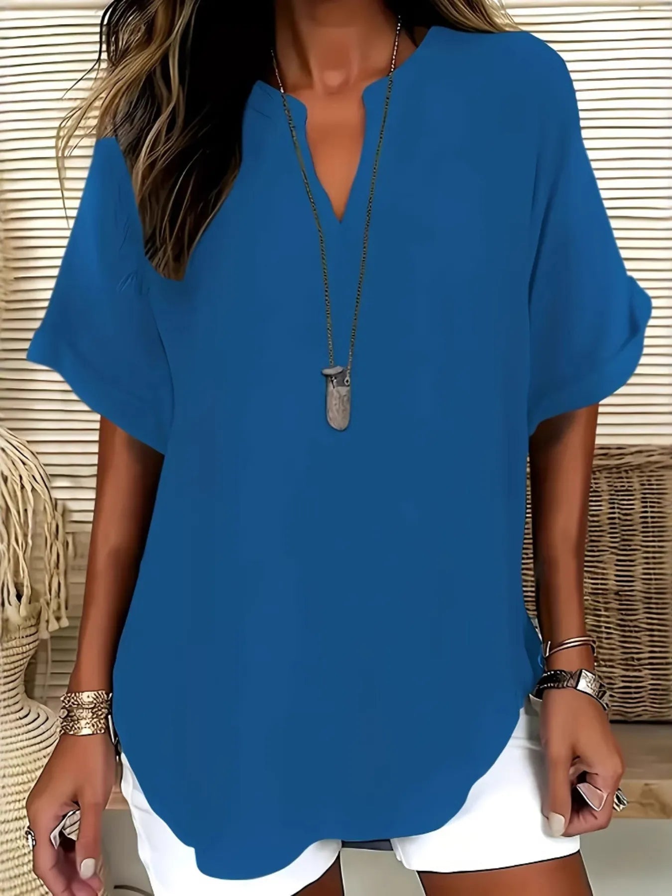 Casual Notched Short Sleeve Blouse Blue OutfitFlow