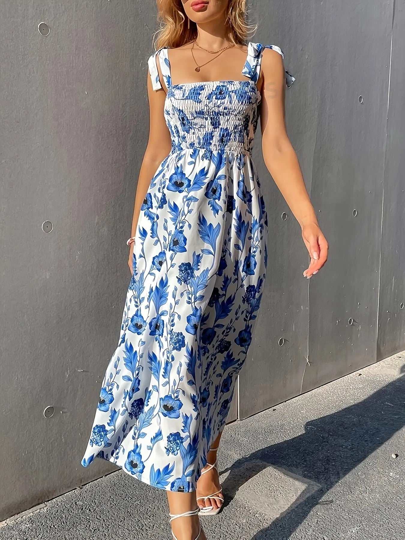 Floral Smocked Midi Dress with Tie Shoulders OutfitFlow