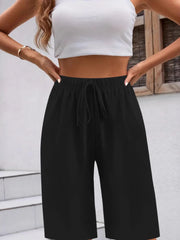 Casual Drawstring Wide Leg Shorts Black OutfitFlow
