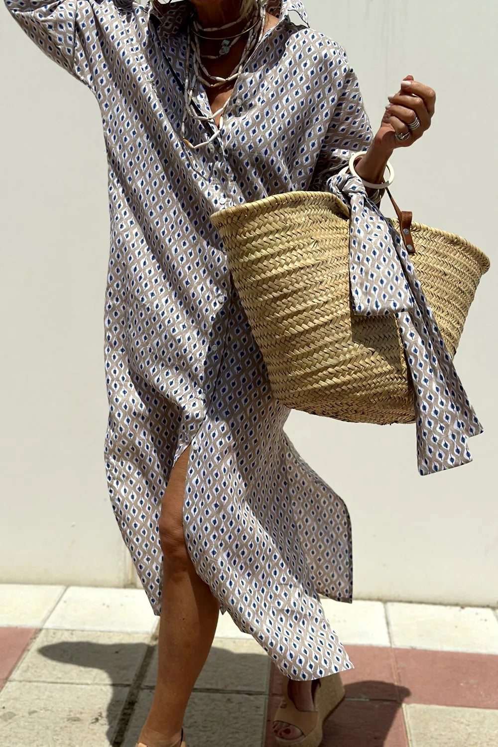 Tied Button Up Three-Quarter Sleeve Dress Gray OutfitFlow