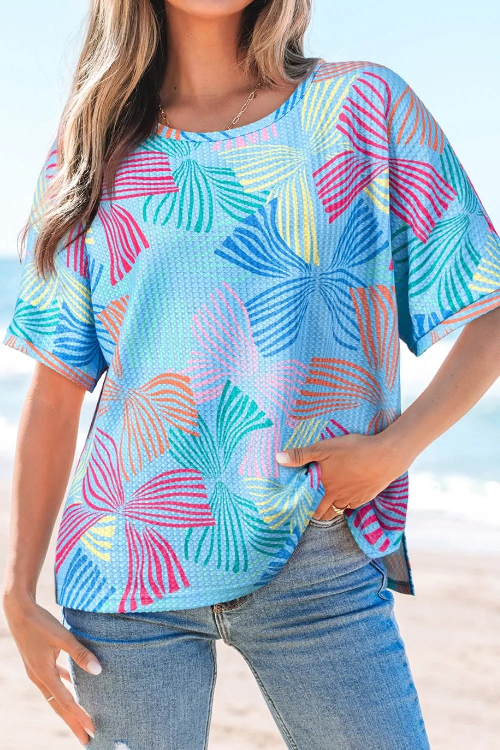 Printed Round Neck Half Sleeve Top OutfitFlow