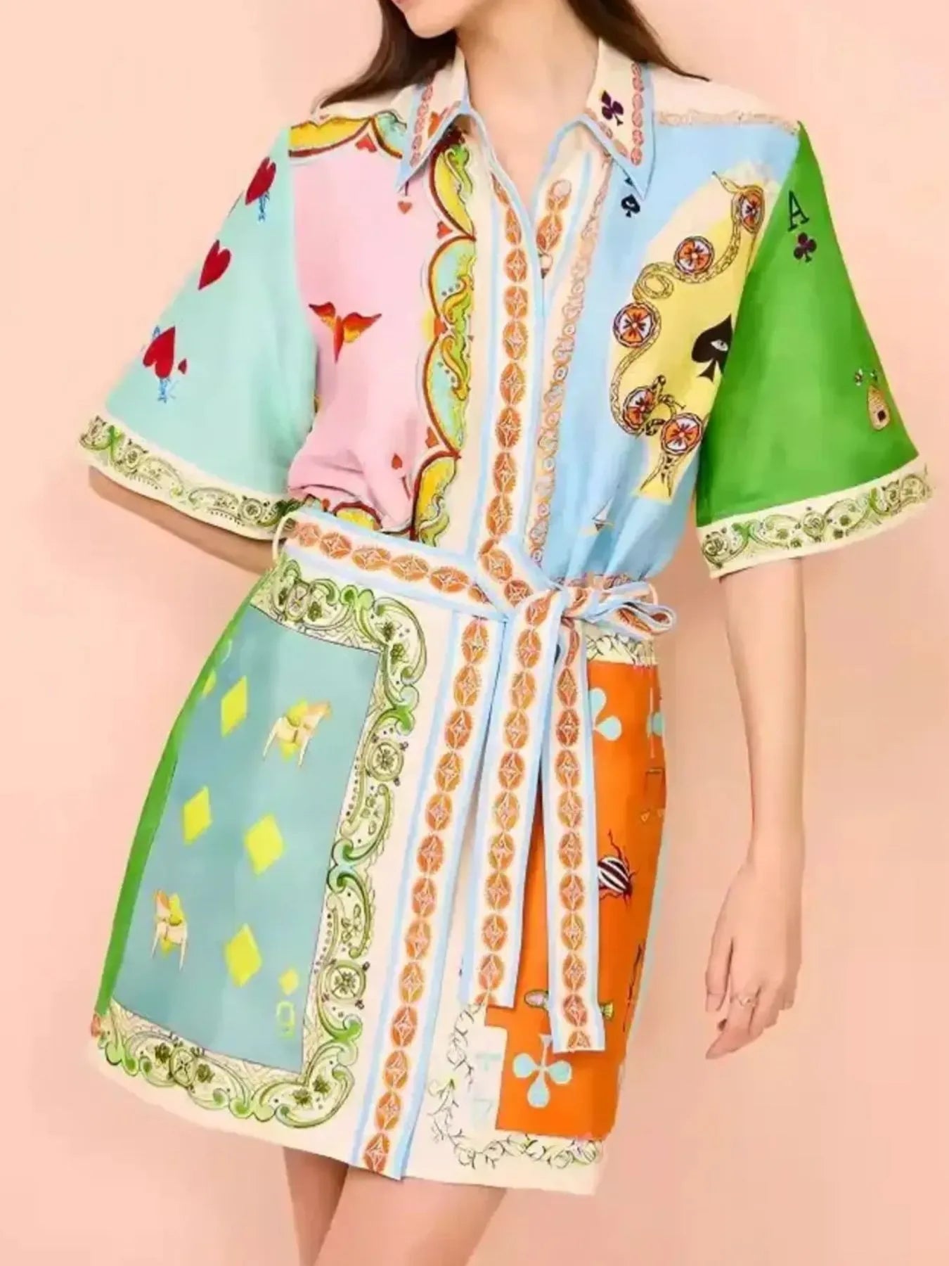 Printed Tie Waist Mini Shirt Dress OutfitFlow