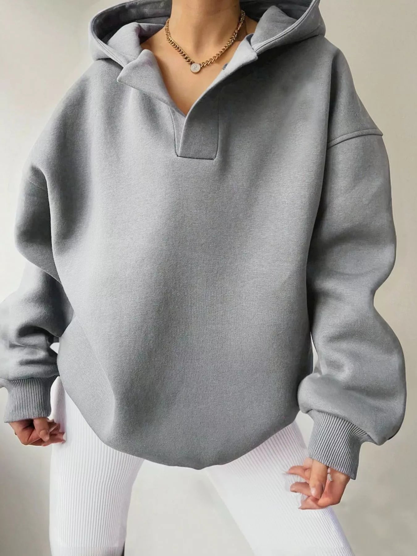 Dropped Shoulder Long Sleeve Sweatshirt Light Gray OutfitFlow