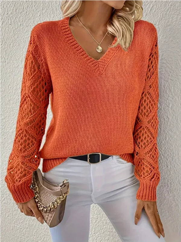 Openwork V-Neck Long Sleeve Sweater OutfitFlow