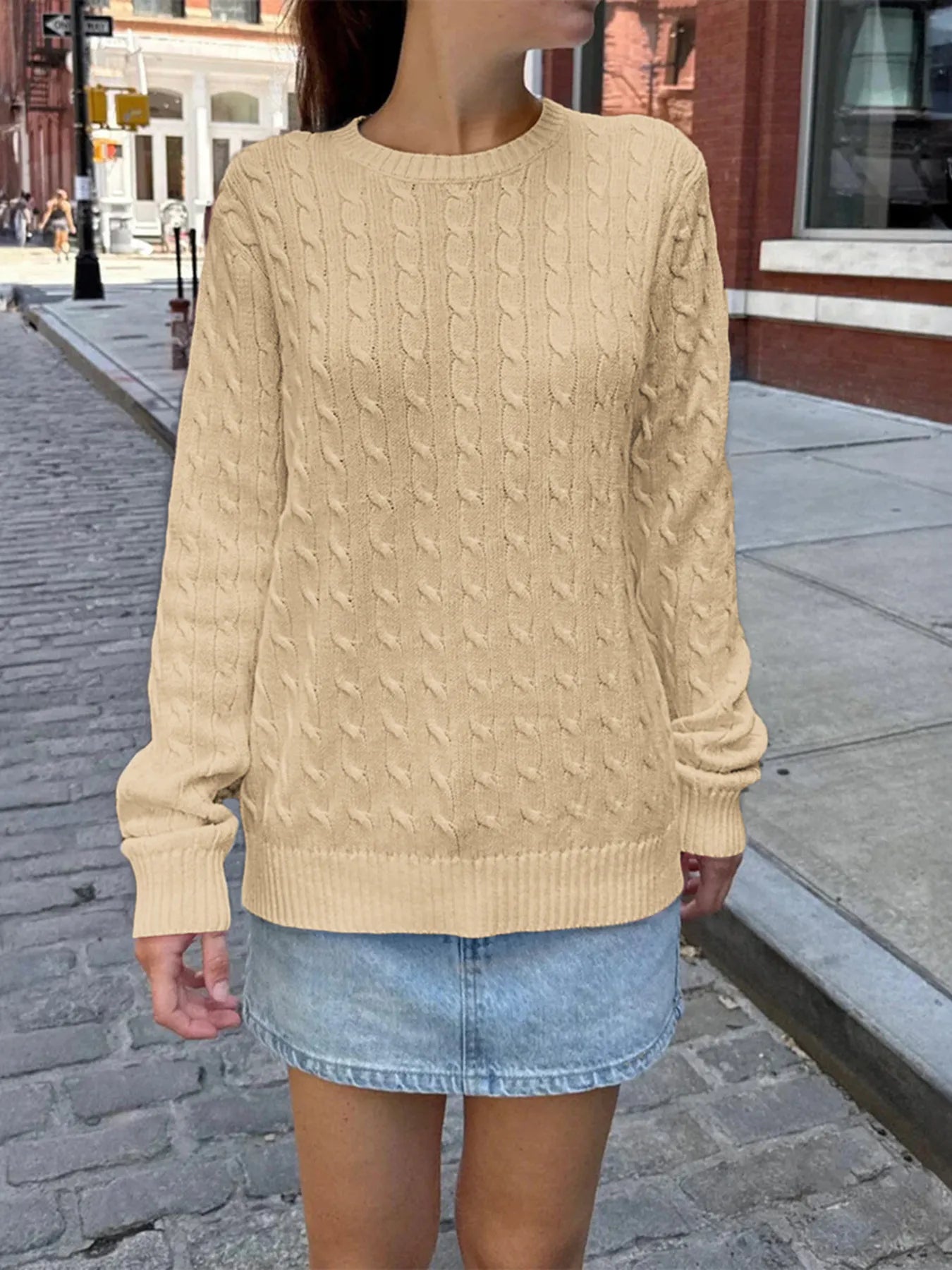 Cable-Knit Round Neck Pullover Sweater OutfitFlow