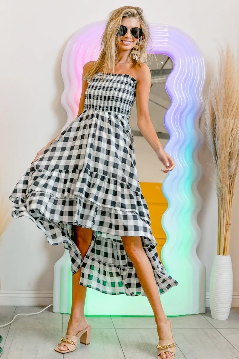 BiBi Smocked Body Off Shoulder Check Dress OutfitFlow