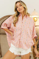 BiBi Sequin Striped Short Dolman Sleeve Blouse OutfitFlow