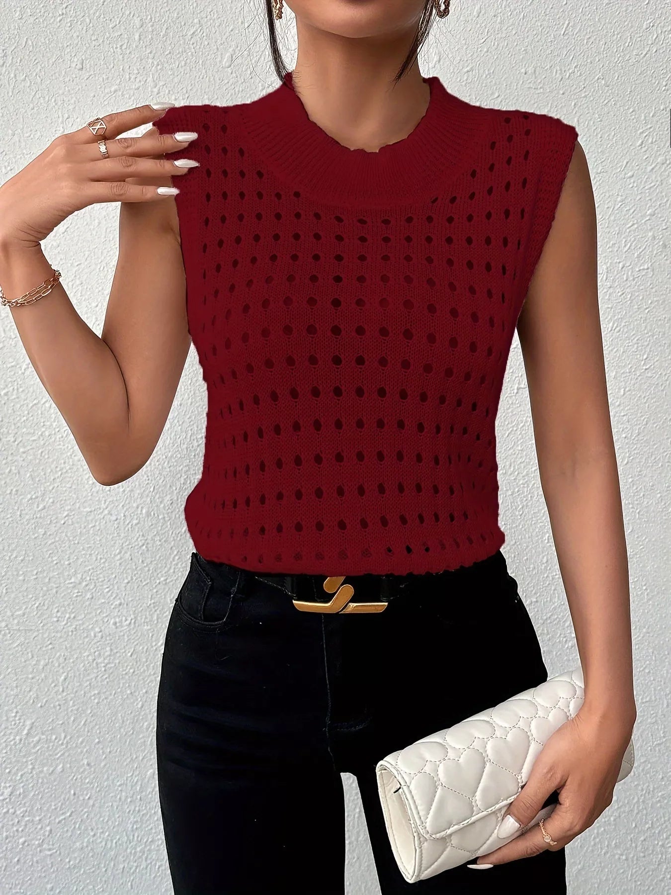 Hollow Out Round Neck Knit Tank OutfitFlow