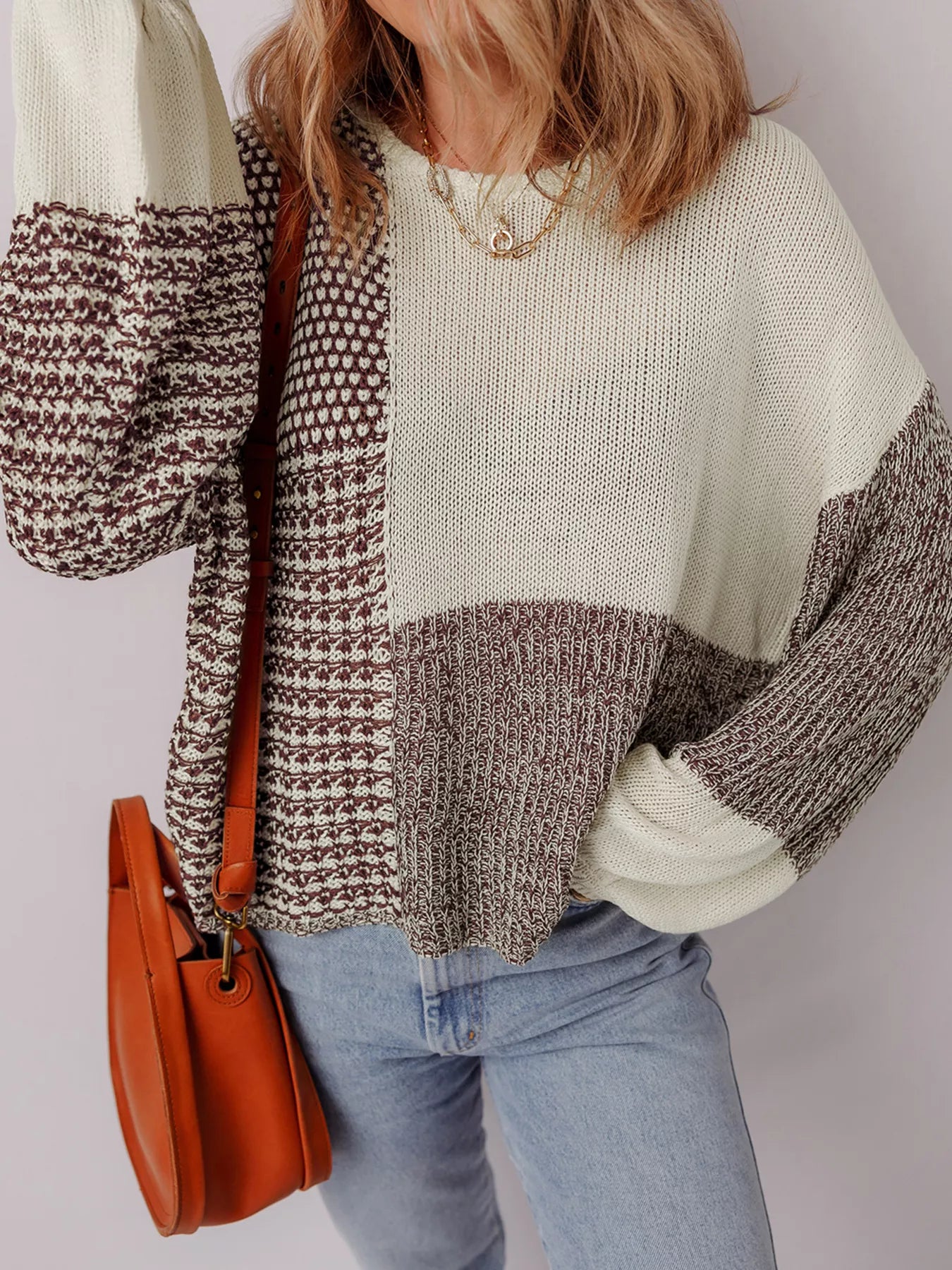 Color Block Back Tie Drop Shoulder Loose Sweater OutfitFlow