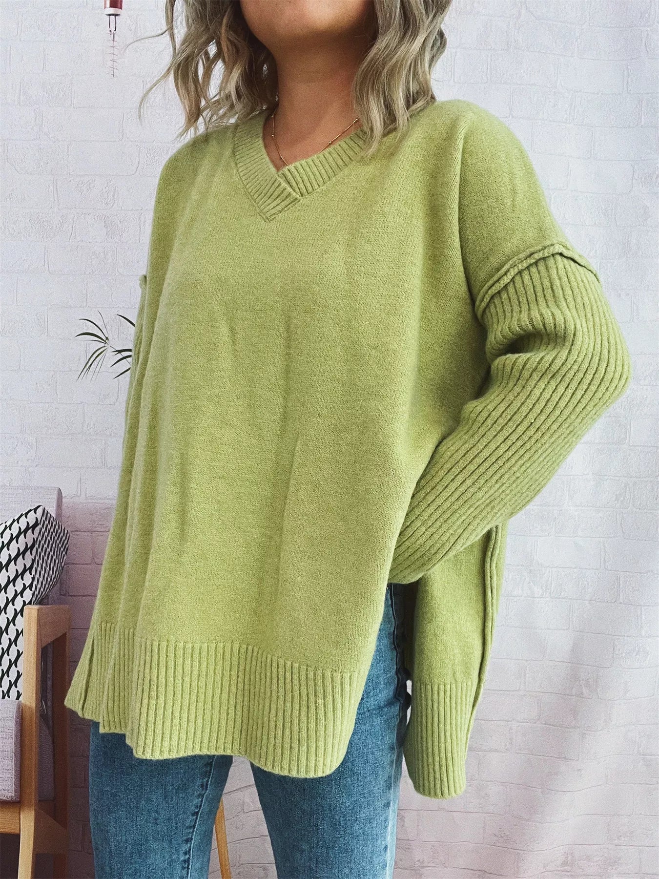 V-Neck Dropped Shoulder Sweater OutfitFlow