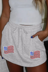 American Flag Embroidered Drawstring Casual Skirt Light Gray OutfitFlow