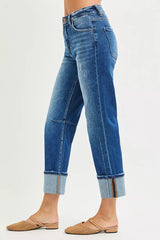 RISEN High Rise Straight Jeans with Distressed Hem OutfitFlow