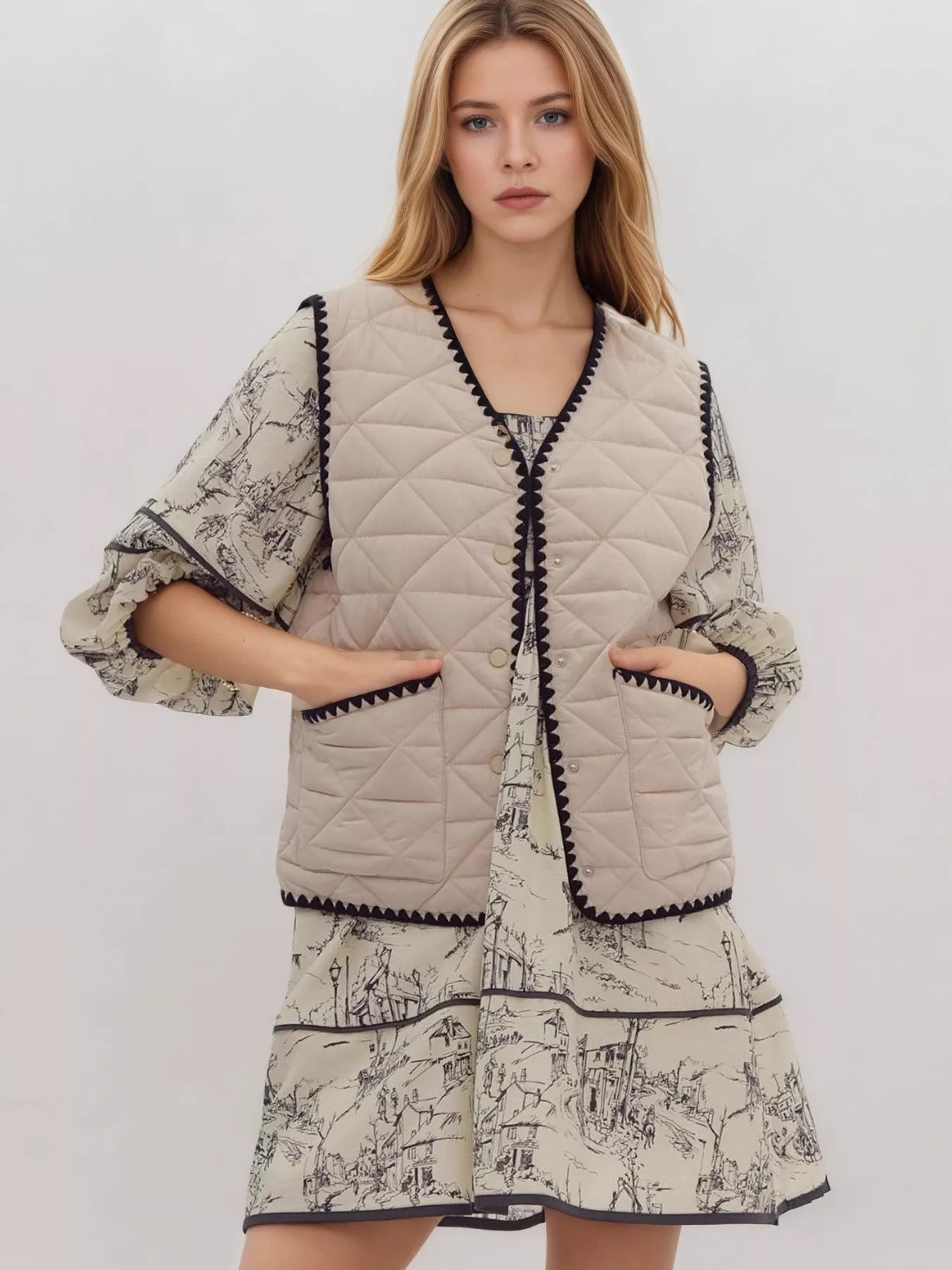 Textured Snap Down Vest Coat OutfitFlow
