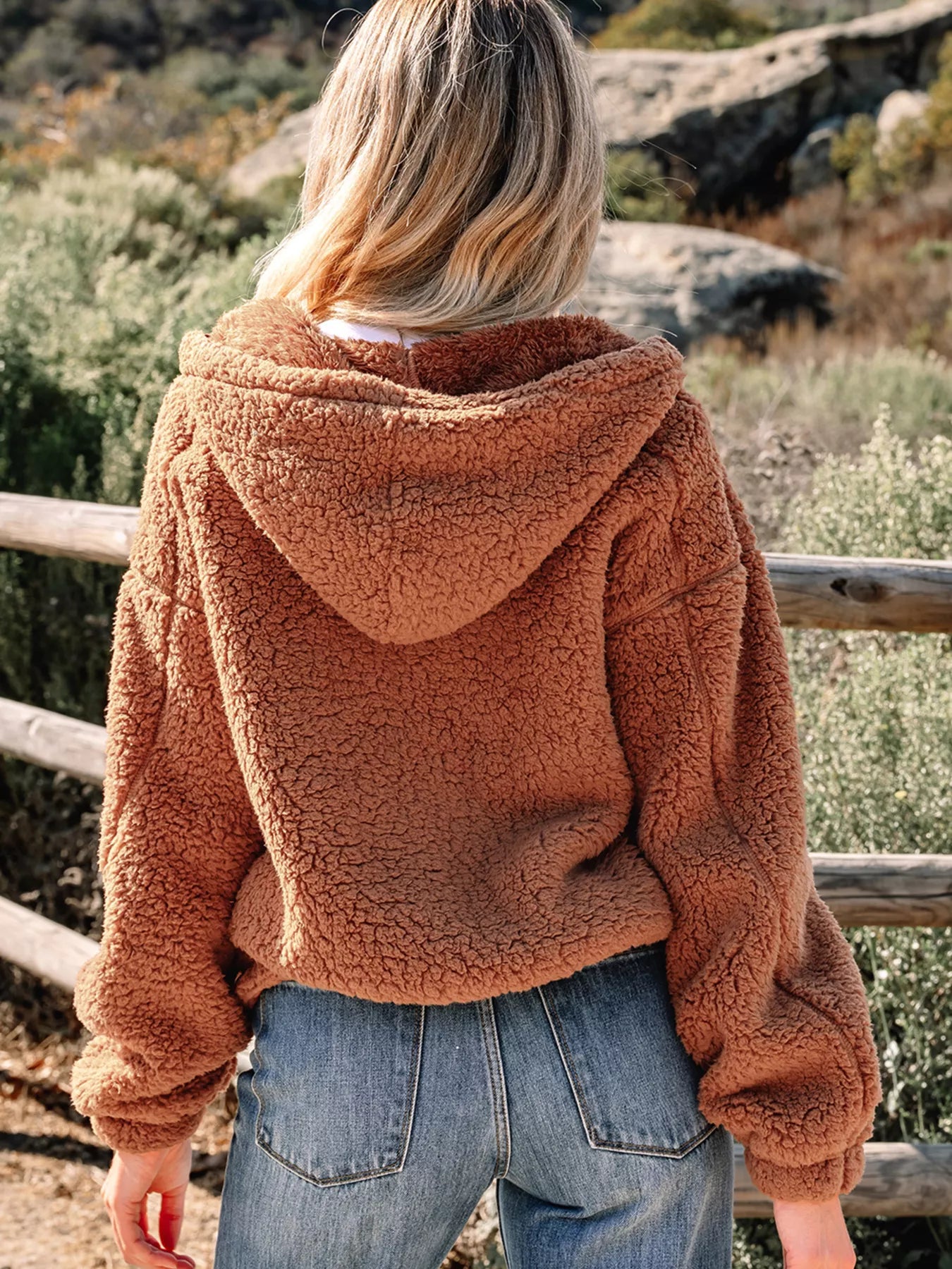 Zip Up Hooded Sherpa Jacket OutfitFlow