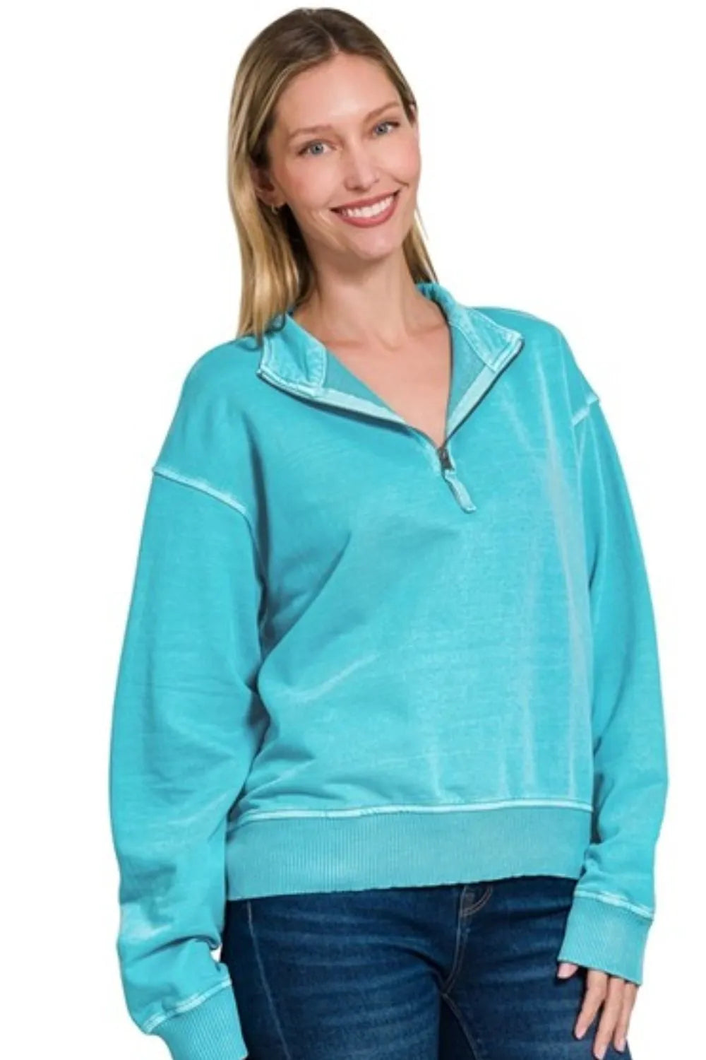 Zenana F/terry Pigment Dye & Enzyme Washing Half Zip Top OutfitFlow