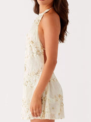 Backless Embroidered Halter Neck Mini Dress OutfitFlow