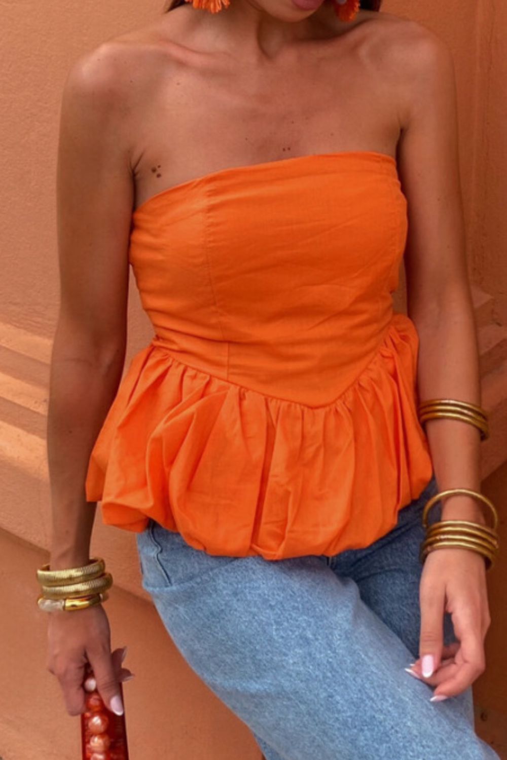 Smocked Back Bubble Hem Tube Top OutfitFlow