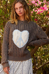 Outfit Flow - POL Cable-Knit Peace Patch Dropped Shoulder Sweater