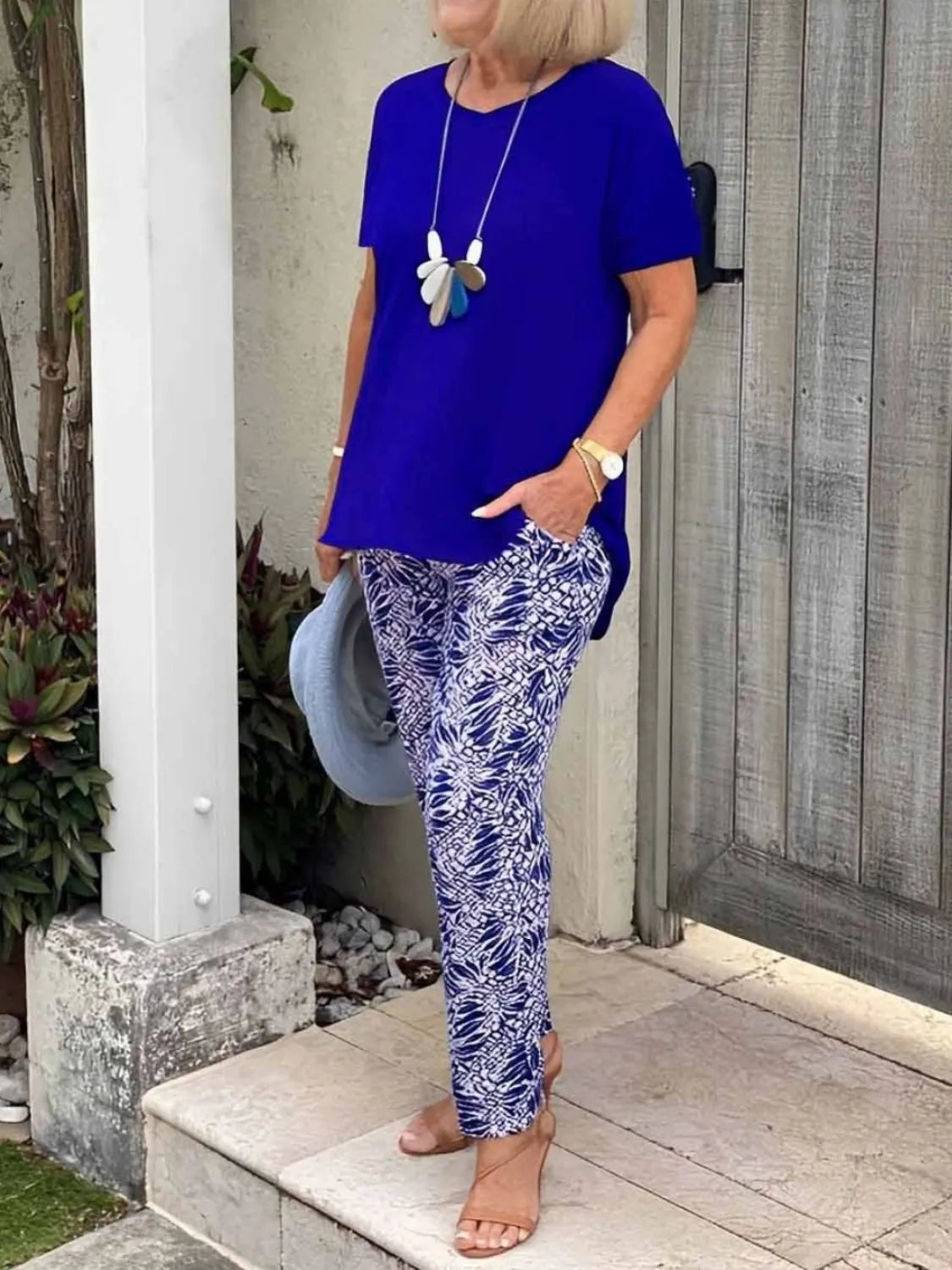 Full Size Round Neck Short Sleeve Top and Pants Set Plus Size OutfitFlow